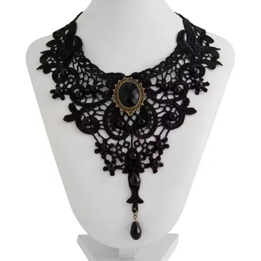 ♠️Elegant Black Lace Choker Necklace With Black Stone New